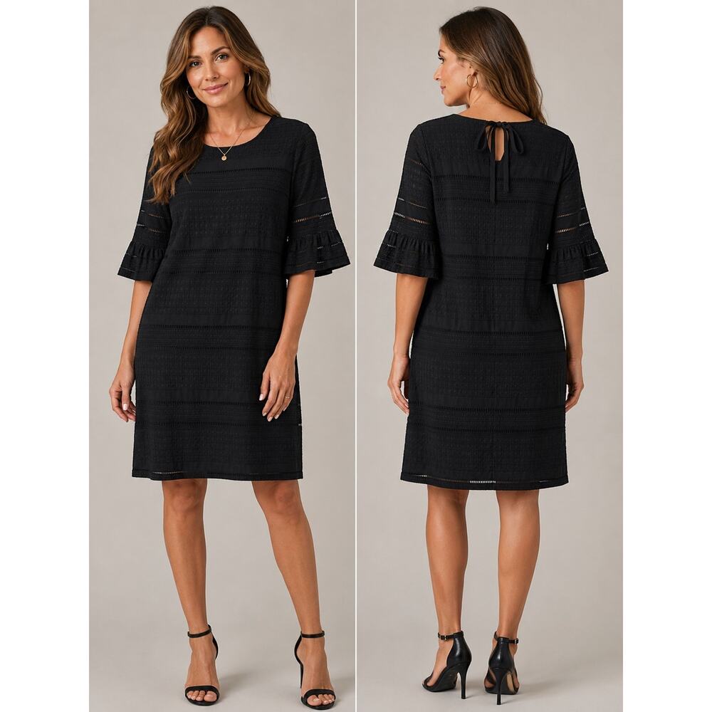 J.Crew NWT Women’s 10 Black Eyelet Cotton Shift Dress Bell Sleeve Tie Back